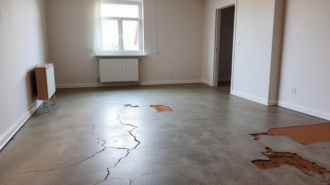 Unebener Boden in einer Wohnung mit Rissen und Höhenunterschieden