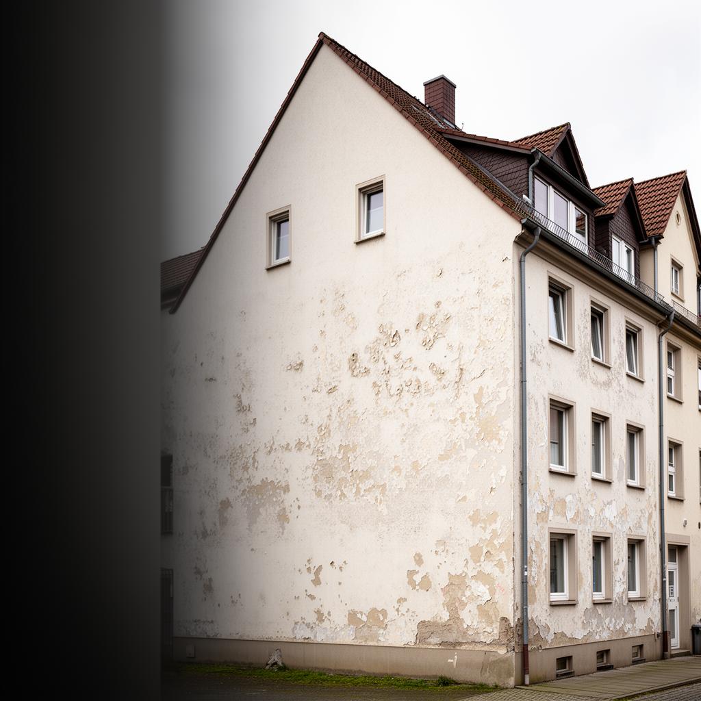 Fassade mit nicht haftender Farbe und Flecken