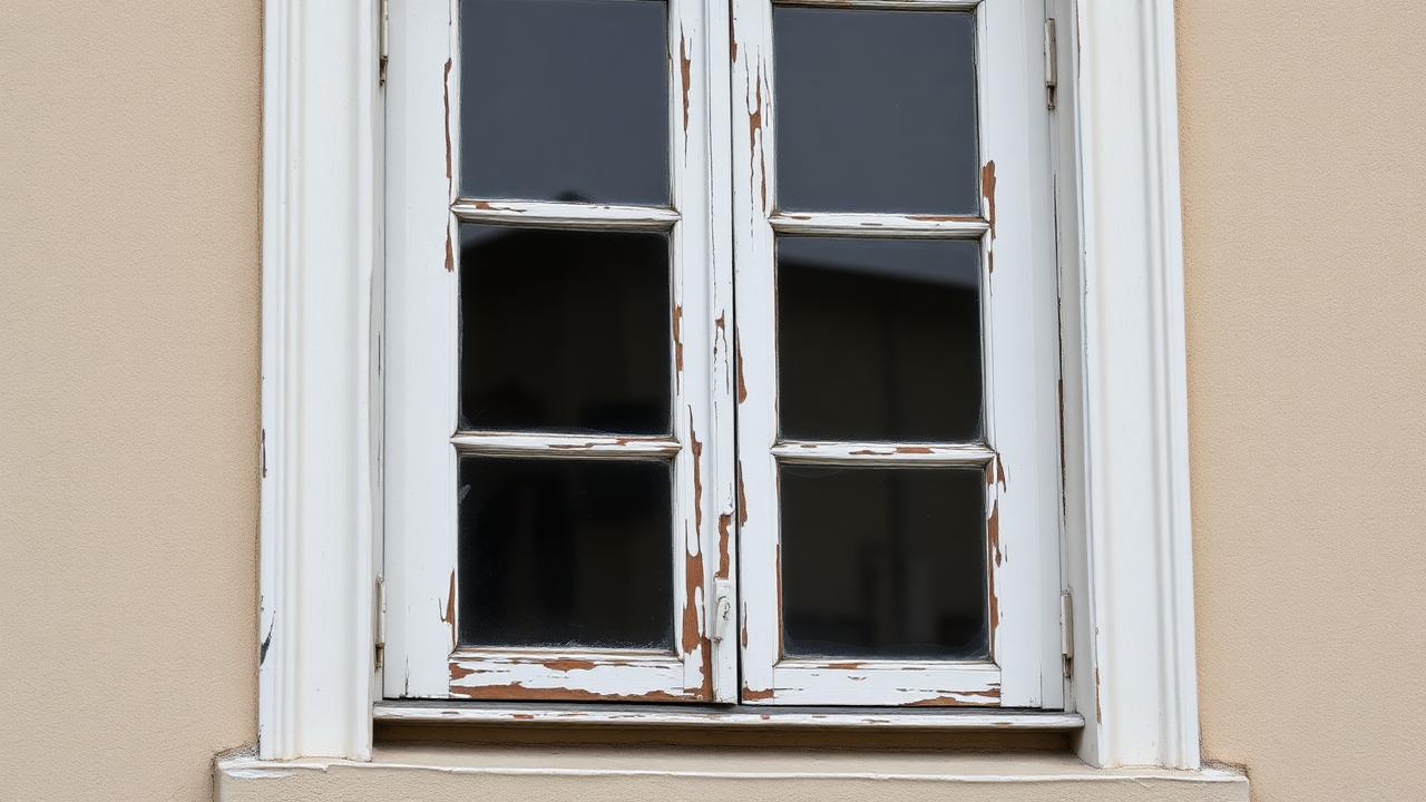 Fensterrahmen mit abgeplatzter Farbe