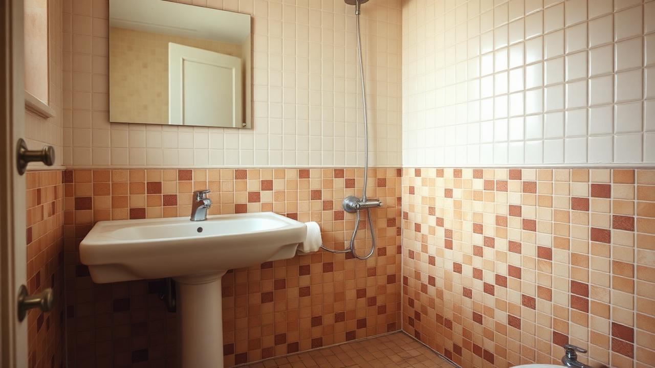 Badezimmer mit veralteten Fliesen aus den 80er Jahren