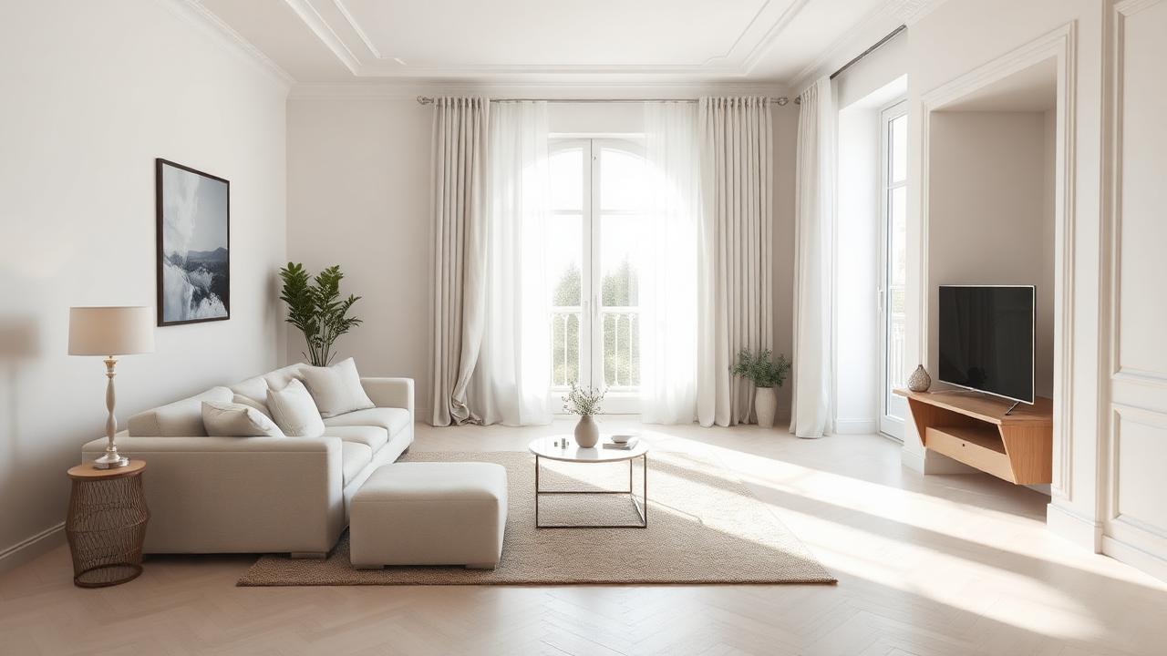 Modernes Wohnzimmer mit frisch gestrichenen hellen Wänden