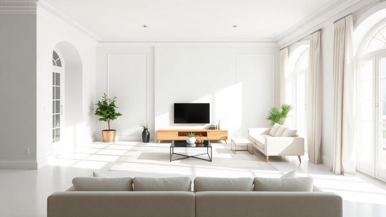 Helles Wohnzimmer mit perfekt gestrichenen weißen Wänden