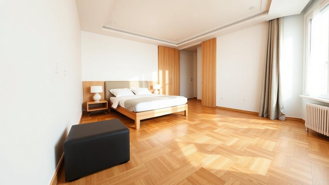 Modernes Schlafzimmer mit neuem Parkettboden