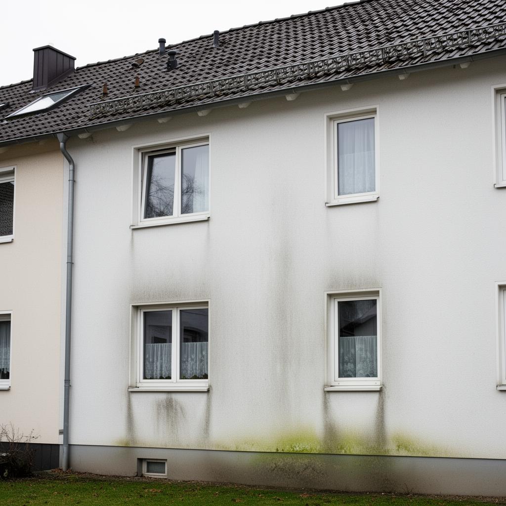 Nahaufnahme verschmutzte Fassade mit dunklen Flecken