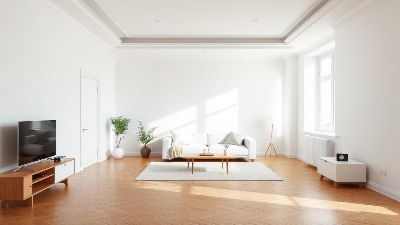 Modernes Wohnzimmer mit makellosen weißen Wänden