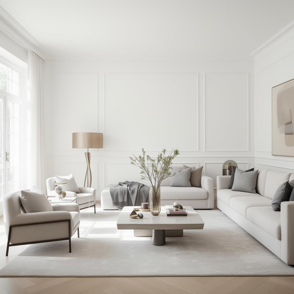 Perfekt gestrichenes modernes Wohnzimmer mit makellosen Wänden